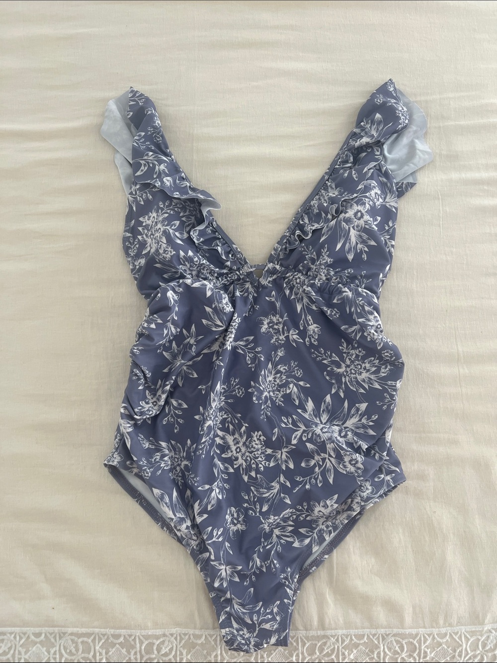 Pink Blush Maternity Floral Ruffle One-Piece Swimsuit in Slate Blue